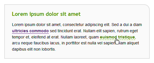 Paragraphe de texte contenant des liens, les liens sont affichés en gras soulignés et changent de couleur au passage de la souris