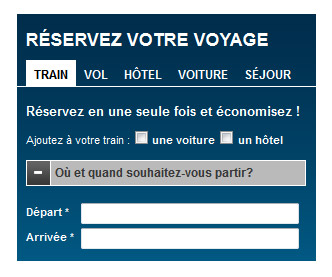 Capture d'écran, formulaire "réservez votre voyage" avec onglets Train (actif), Vol, hôtel, voiture et séjour. Champs "Départ" et "Arrivée". 