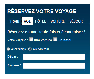 Même formulaire "Réservez votre voyage" avec l'onglet "Vol" actif, les champs "Départ" et "Arrivée" y sont également présents.