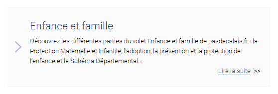 Capture d'écran, titre "Enfance et famille" (non cliquable), paragraphe, lien "Lire la suite"