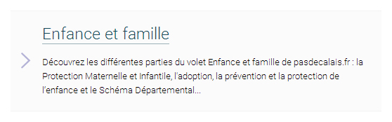 Capture d'écran, lien sur le titre "Enfance et famille" suivi d'un paragraphe. 