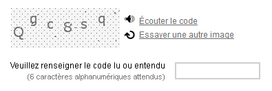 Capture d'écran d'un CAPTCHA, code affiché sous forme d'image, lien "Écouter le code", lien "Essayer une autre image" et champ "Veuillez renseigner le code lu ou entendu"