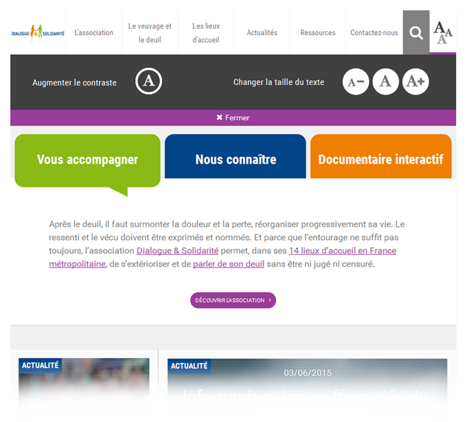 Capture d'écran, navigation du site Dialogue et Solidarité, un bouton permet d'augmenter le contraste. 