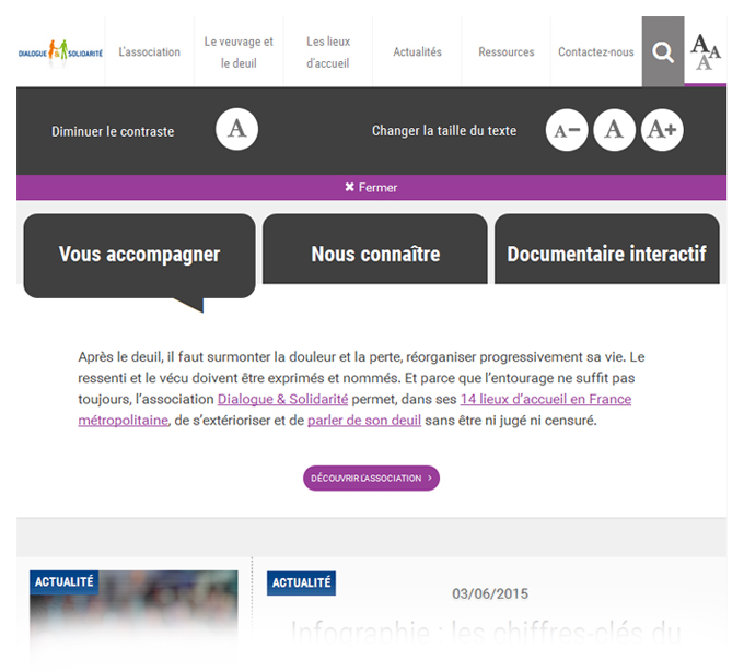 Capture d'écran, Site Dialogue et Solidarité une fois les contrastes augmentés, les éléments de couleurs sont passés en gris foncé. 