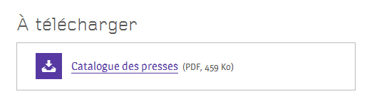 Capture d'écran d'un bloc "À télécharger", lien "Catalogue des presses (PDF, 459 Ko)"
