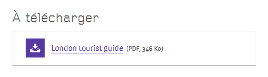 Capture d'écran d'un bloc "À télécharger", lien "London tourist guide (PDF, 346 Ko)"