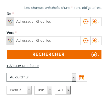 Capture d'un formulaire avec, dans cet ordre, champ "De", champ "Vers", Bouton "Rerchercher", bouton "Ajouter une étape", choix de la date de départ, choix de l'horaire de départ.