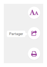 Capture d'écran de 3 pictos, "Aa", "Flèche sortant d'un carré" complété par l'infobulle "Partager", et "Imprimante"