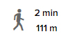Pictogramme "Marche" (gris foncé) indiquant 2 minutes et 111 mètres, avec un ratio de contraste de 5,7:1