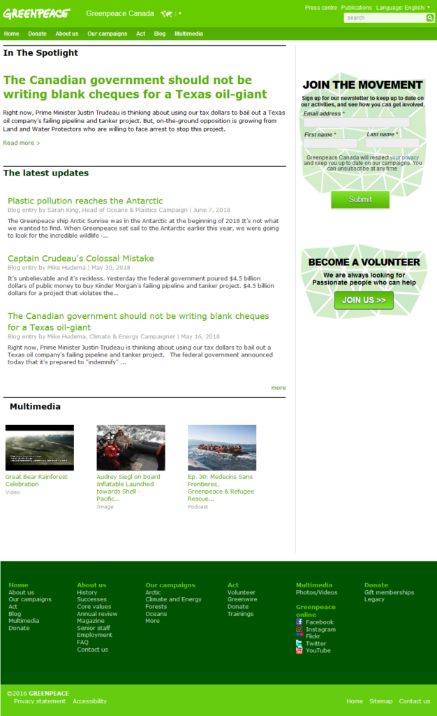 Screenshot of Greenpeace homepage.