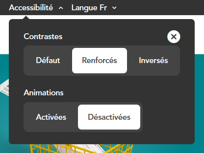 Capture d'un panneau "Accessibilité" dans l'entête d'un site, il permet de choisir le niveau de contraste (Défaut, Renforcés ou Inversés) et l'état des animations (Activés ou Désactivées).
