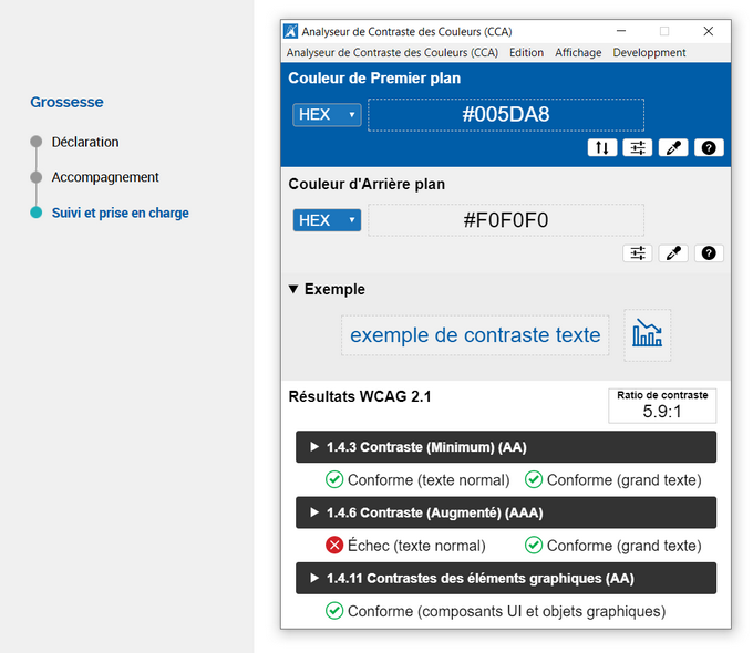 Capture d'écran, Colour Contrast Analyser, la mesure entre la couleur de premier plan (bleu / #005DA8) et la couleur d'arrière plan (gris / #F0F0F0) donne un ratio de contraste de 5,9:1