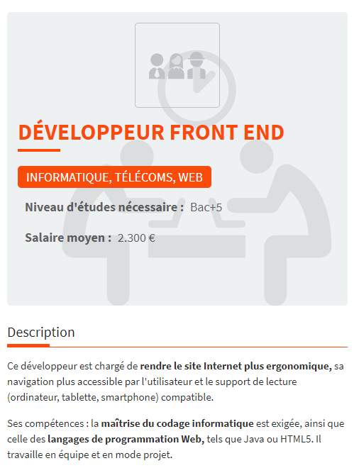 Capture d'écran, même fiche de poste "Développeur Frond end" affichée sur écran mobile le bouton "Sommaire du secteur" et le tableau de synthèse ne sont plus affichés.