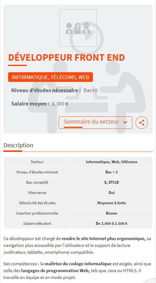 Capture d'écran, même fiche de poste "Développeur Frond end" affichée sur écran mobile, le bouton sommaire, le tableau de synthèse et la description sont affichés.