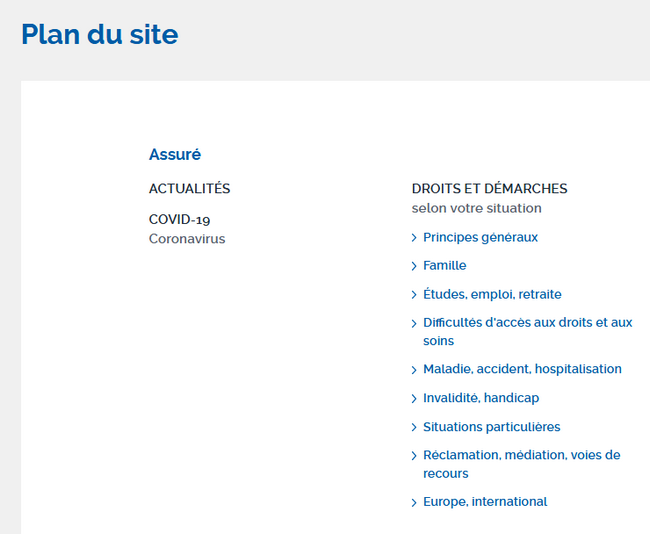 Capture d'écran, plan de site présentant 3 niveaux de rubriques