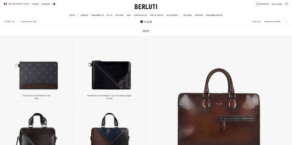 Capture d'écran, page d'accueil du site Berluti affichée sur un écran d'ordinateur.