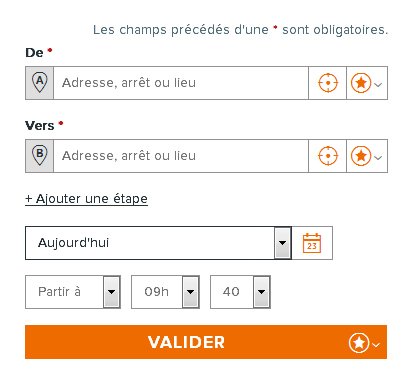 Capture d'écran, formulaire de recherche d'itinéraire se terminant par un bouton "Valider"