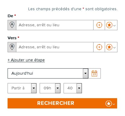 Le même formulaire de recherche d'itinéraire, se terminant cette fois par un bouton "Rechercher"