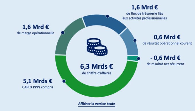 Graphique circulaire détaillant la répartition d'un chiffre d'affaire de 6,3 milliards d'euro en 5 poste. Un lien "Afficher la version texte" est présent sous le graphique. 