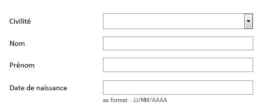 Capture d'écran d'un formulaire de 4 champs, la distance entre les étiquettes et les champs varie de 70 à 140 pixels (selon la longueur de l'étiquette) 