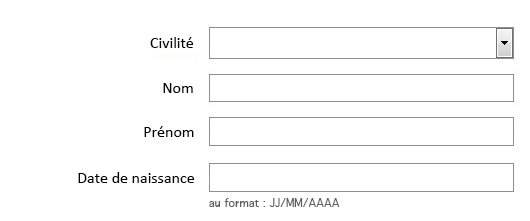 Même formulaire, les étiquettes sont alignées à droite, elles sont toutes à environ 10 pixels de leur champs respectifs. 