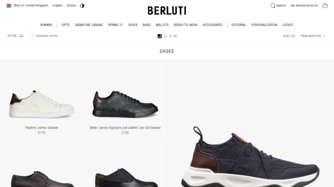 Screenshot, homepage of the Berluti website displayed on a computer screen.