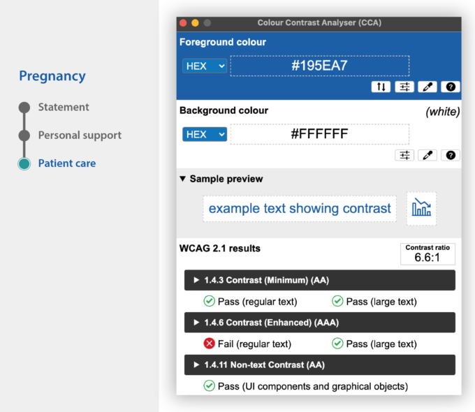 Screenshot, Colour Contrast Analyser, the measurement between foreground color (blue / #195EA7) and background color (gray / #FFFFFF) gives a contrast ratio of 6.6:1