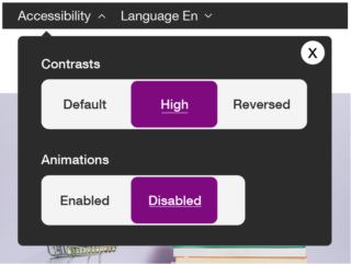 Screenshot of an "Accessibility" panel in the banner of a website, it allows you to choose the level of contrast ("Default", "High" or "Reversed") and the state of the animations ("Enabled" or "Disabled").