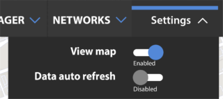 Screenshot, a "Settings" panel allows to select if the map should be displayed and if the data is updated automatically.