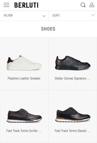 Screenshot, homepage of the Berluti website displayed on a mobile screen, contents are reorganized according to screen size.