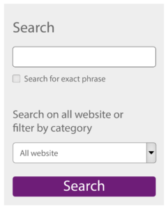 Screenshot, search field, a checkbox "Search for exact phrase", and a select list "Search on all website or filter by category".