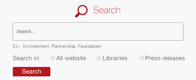 Screenshot, search field and radio buttons "All website", "Libraries", "Press releases" to limit the scope of the search